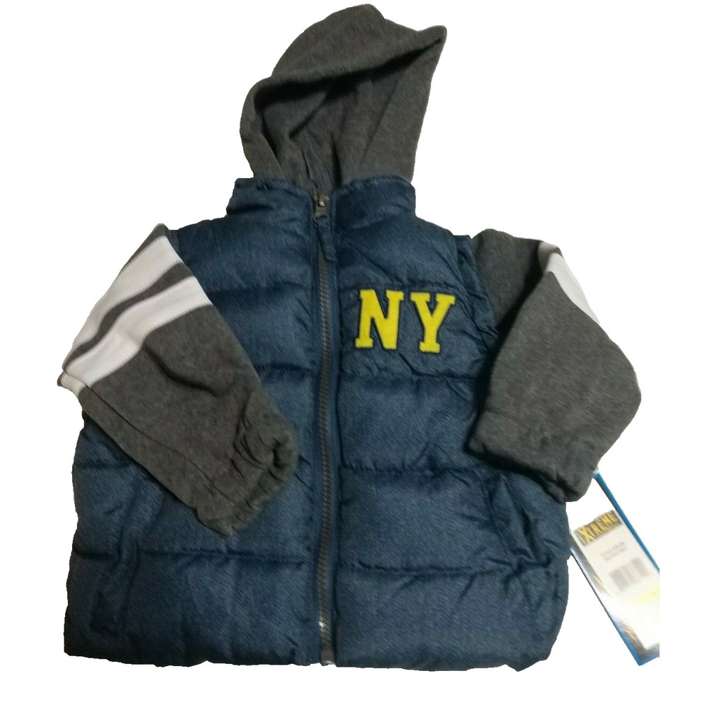 iXtreme Baby Boys 12M Blue  Hooded Puffer Jacket Gray Fleece Sleeves NY